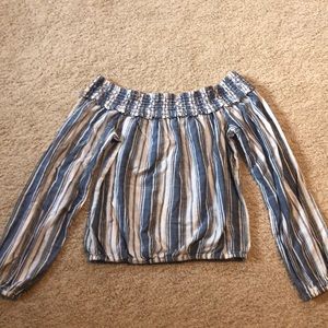 blue and white off the shoulder top